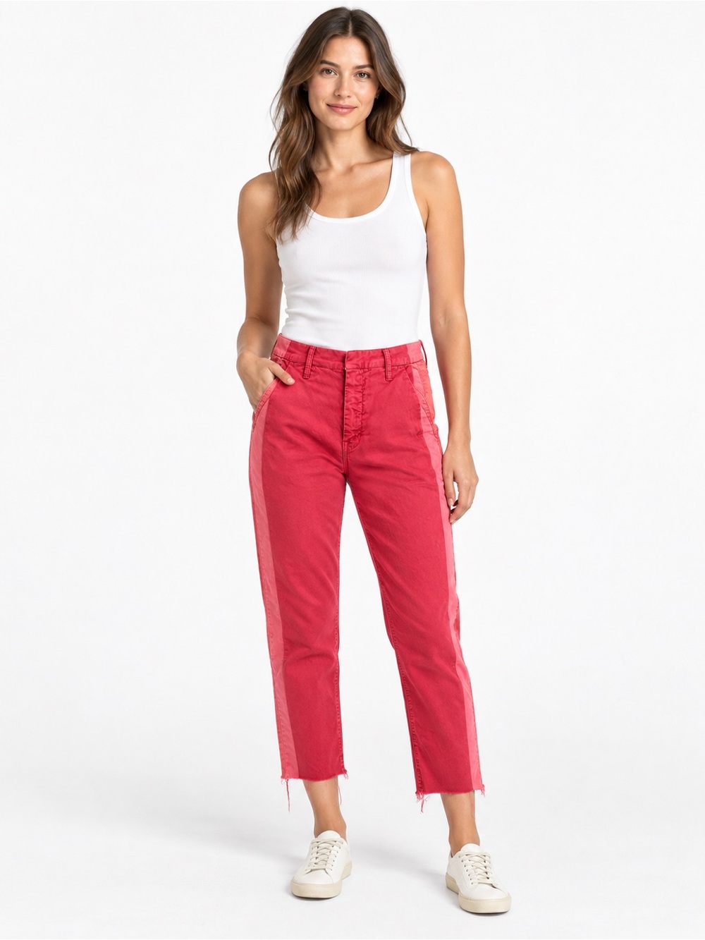 MOTHER The Shaker Prep Fray Pants Size 25 Killing Time Poppy Red Pink Stripe